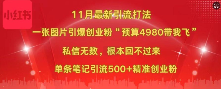 小红书11月最新图片打粉，一张图片引爆创业粉，&ldquo;预算4980带我飞&rdquo;，单条引流500+精准创业粉