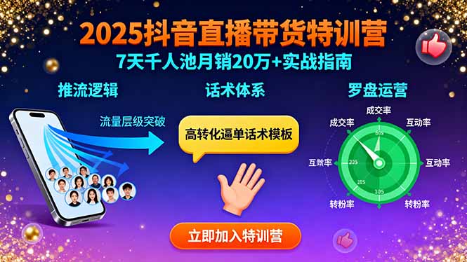 （15958期）2025抖音直播带货特训：推流逻辑、话术体系、罗盘运营,7天千人池月销20万+