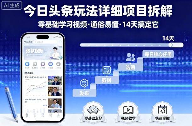 今日头条玩法详细项目拆解，零基础学习视频 通俗易懂 14天搞定它