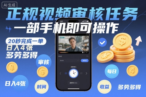 正规视频审核任务，一部手机即可操作，20秒完成一单，日入4张，多劳多得【揭秘】