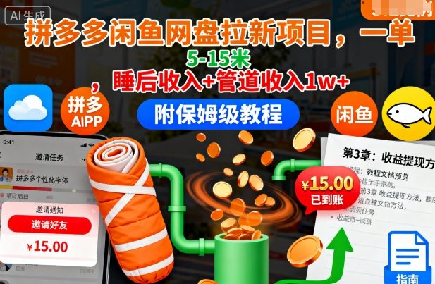 拼多多闲鱼网盘拉新项目，一单5-15米，睡后收入+管道收入1w+（附保姆级教程）