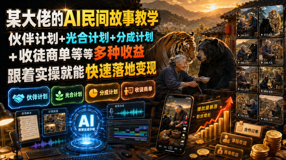 某大佬的AI民间故事教学,伙伴计划+光合计划+分成计划+收徒商单等多种收益,跟着实操就能快速落地变现