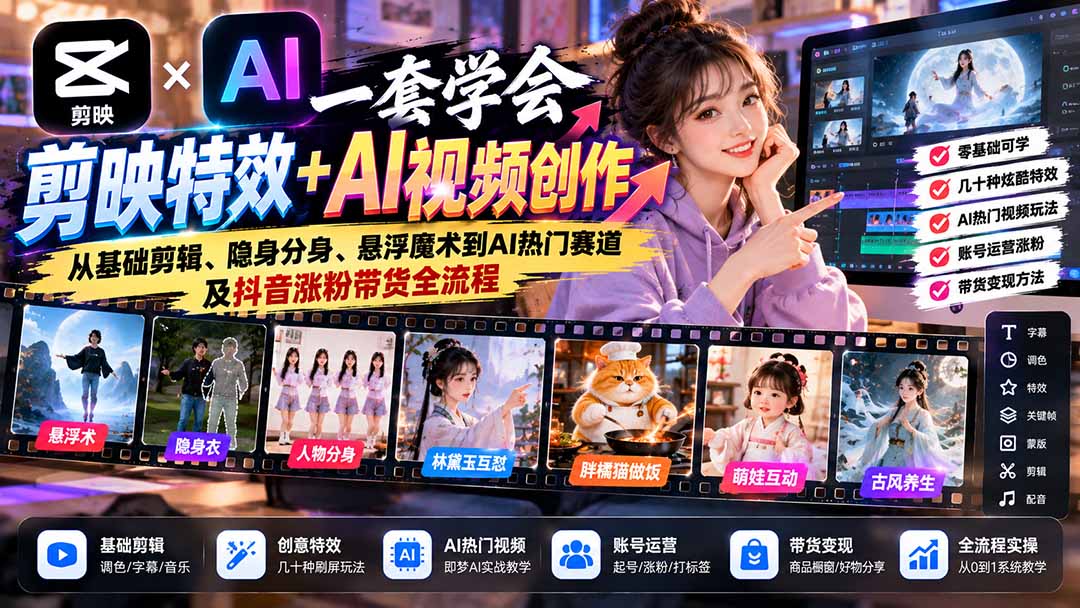（20999期）一套学会剪映特效+AI视频创作：从基础剪辑、隐身分身、悬浮魔术到AI热门赛道及抖音涨粉带货全流程
