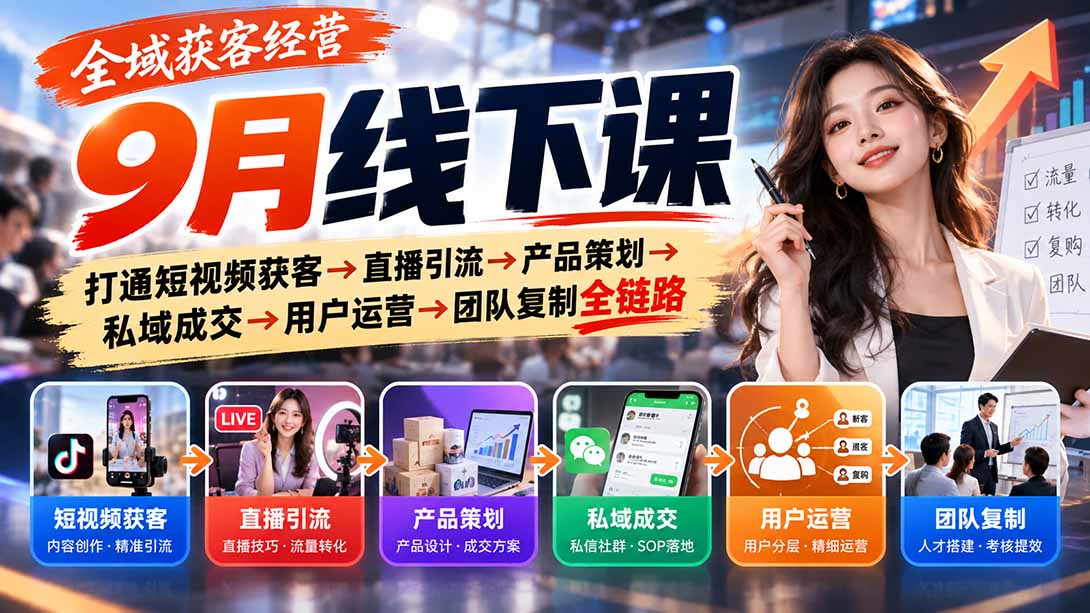 （20777期）全域获客经营9月线下课：打通短视频获客&rarr;直播引流&rarr;产品策划&rarr;私域成交&rarr;用户运营&rarr;团队复制全链路