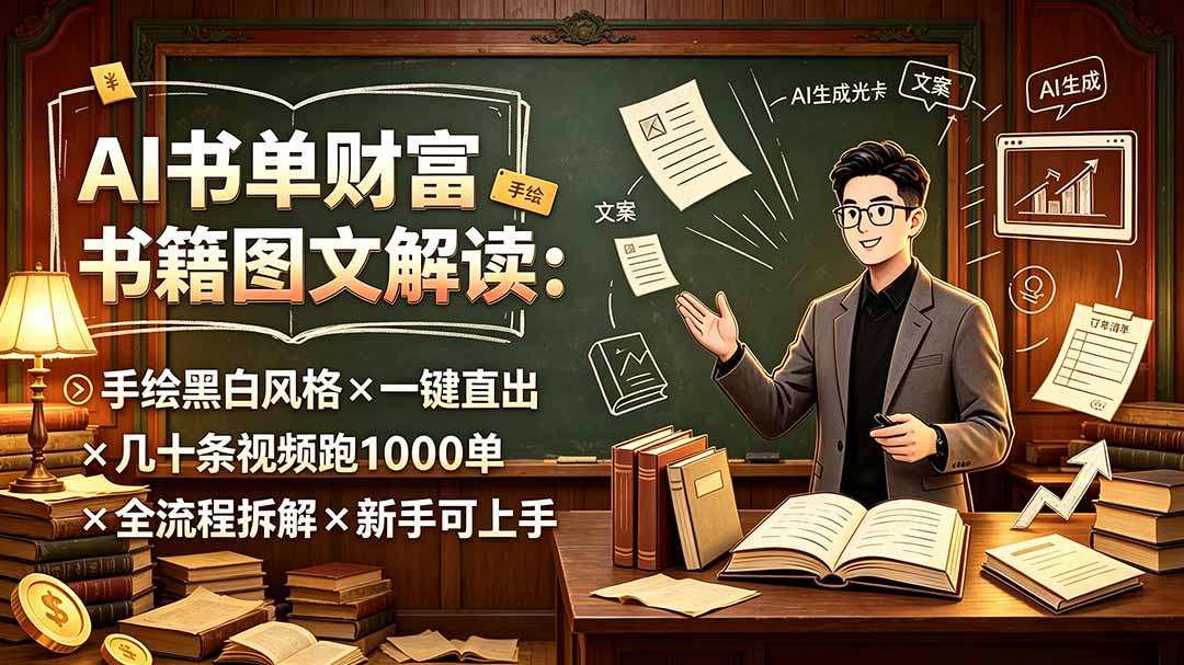 （19515期）AI书单财富书籍图文解读：手绘黑白风格&times;一键直出&times;几十条视频跑1000单&times;全流程拆解&times;新手可上手