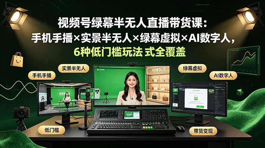 （19271期）视频号绿幕半无人直播带货课：手机手播&times;实景半无人&times;绿幕虚拟&times;AI数字人，6种低门槛玩法全覆盖