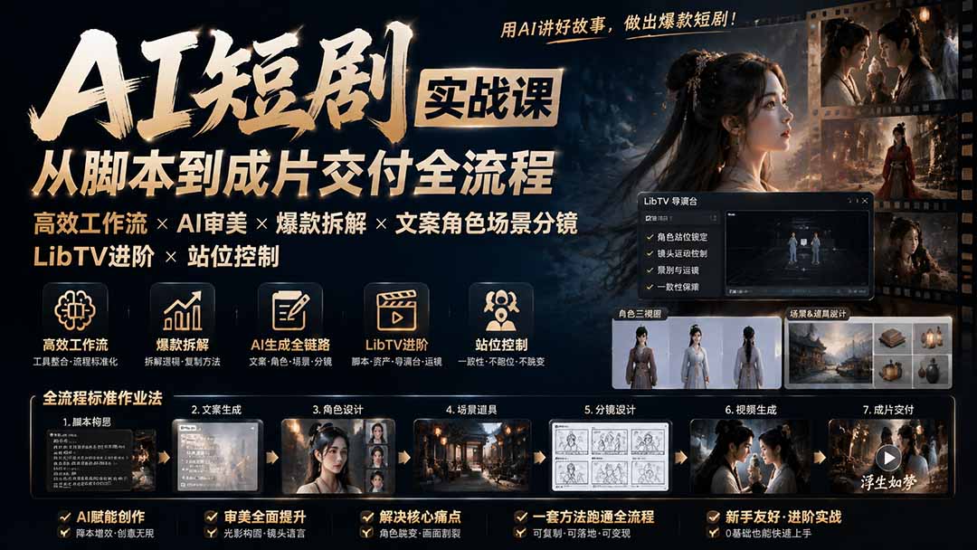 （19717期）AI短剧实战课：高效工作流&times;AI审美&times;爆款拆解&times;文案角色场景分镜&times;LibTV进阶&times;站位控制&times;从脚本到成片交付全流程