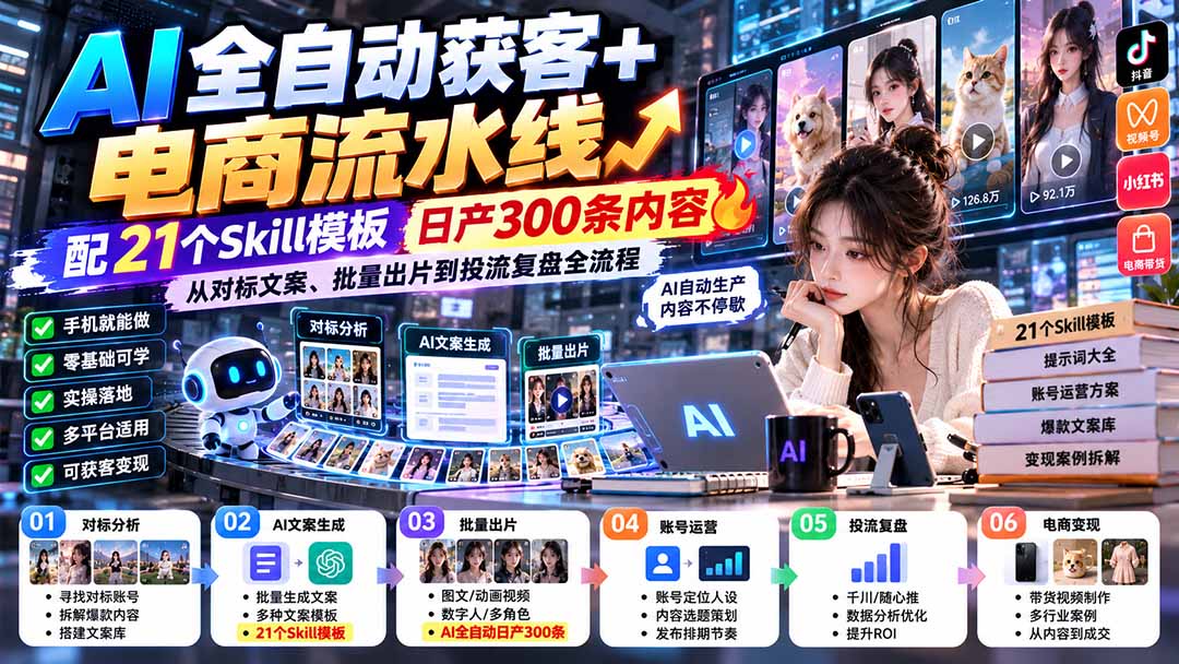 （20664期）【无水印】AI全自动获客+电商流水线：配21个Skill模板，日产300条内容，从对标文案、批量出片到投流复盘全流程