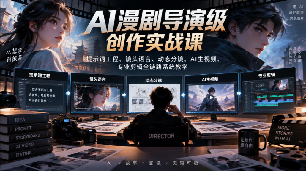 AI漫剧导演级创作实战课|提示词工程、镜头语言、动态分镜、AI生视频、专业剪辑全链路系统教学