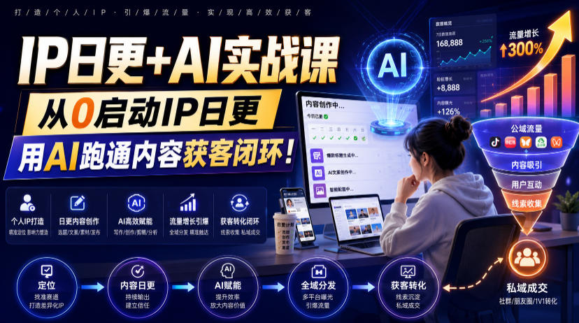 IP日更+AI实战课,从0启动IP日更,IP置顶视频制作+100条选题库搭建+10条日更规划,用AI跑通内容获客闭环!