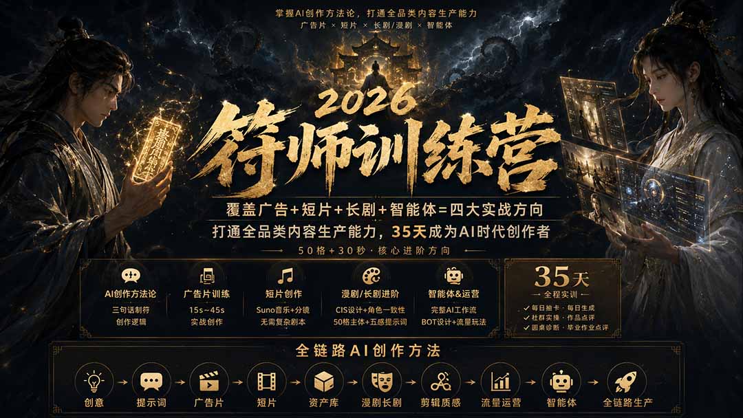 （20186期）符师训练营-35天成为AI时代创作者，广告+短片+长剧+智能体四大实战方向，掌握从创意到上线的完整工作流