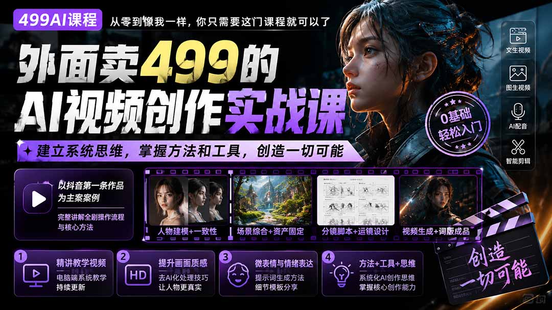 （20207期）外面卖499的AI视频创作实战课：建立系统思维，掌握方法和工具，创造一切可能。