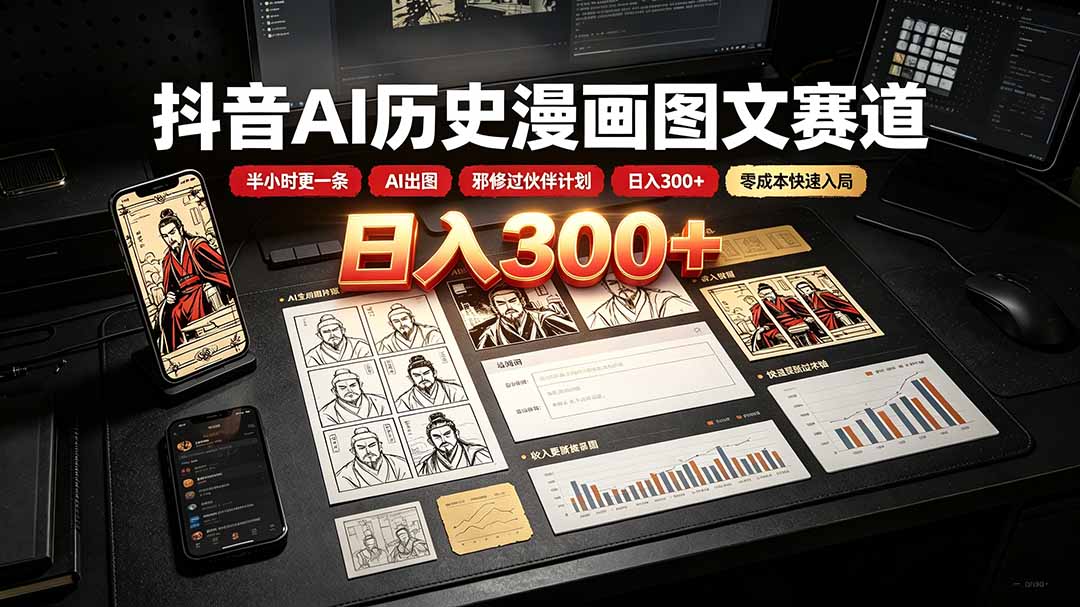 （19498期）抖音AI历史漫画图文赛道：半小时更一条&times;AI出图&times;邪修过伙伴计划&times;日入300+，零成本快速入局