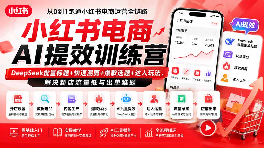 （19949期）小红书电商AI提效训练营&mdash;DeepSeek批量标题+快速混剪+爆款选题+达人玩法，解决新店流量低与出单难题