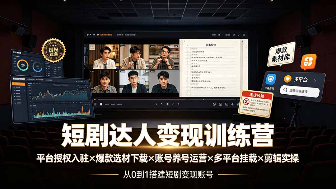 （19551期）短剧达人变现训练营：平台授权入驻&times;爆款选材下载&times;账号养号运营&times;多平台挂载&times;剪辑实操&times;违规处理全流程