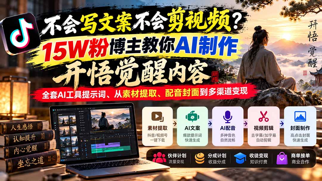 （21085期）不会写文案不会剪视频？15W粉博主教你AI制作开悟觉醒内容，全套AI工具提示词、从素材提取、配音封面到多渠道变现