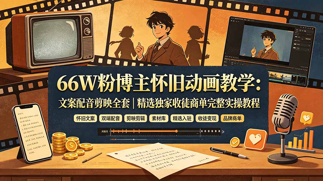 （19499期）66W粉博主怀旧动画教学：文案配音剪映全套｜精选独家收徒商单完整实操教程
