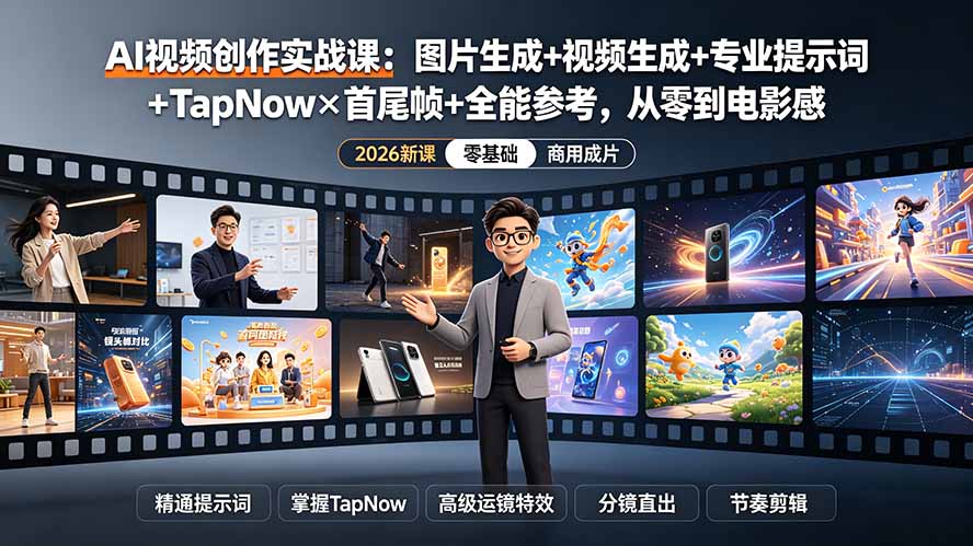 （19383期）AI视频创作实战课：图片生成+视频生成+专业提示词+TapNow&times;首尾帧+全能参考，从零到电影感成片