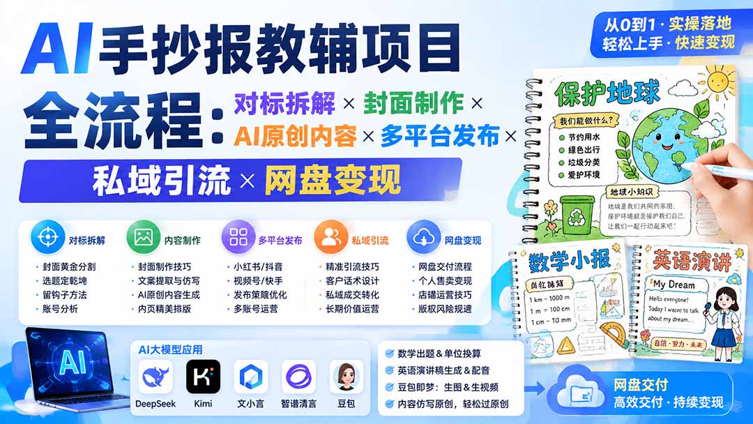 （19785期）AI手抄报教辅项目全流程：对标拆解&times;封面制作&times;AI原创内容&times;多平台发布&times;私域引流&times;网盘变现