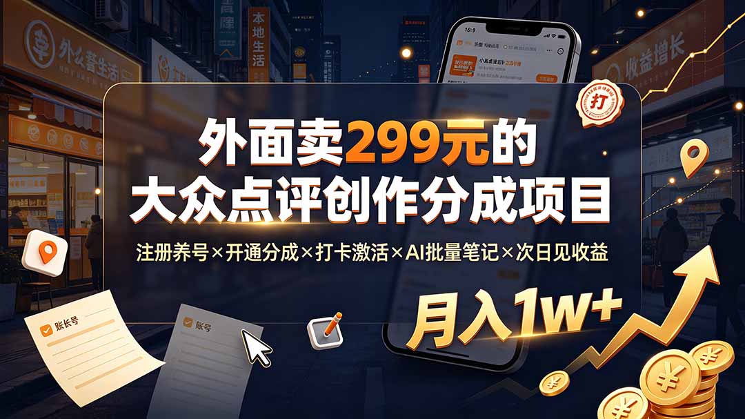 （19488期）外面卖299元的大众点评创作分成项目：注册养号&times;开通分成&times;打卡激活&times;AI批量笔记&times;次日见收益，月入1w+