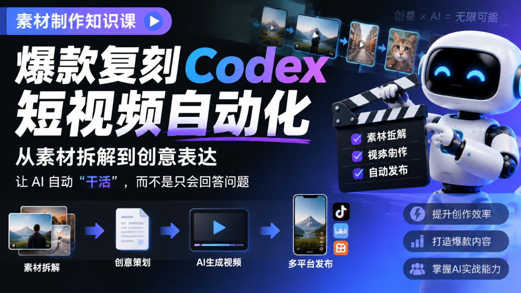 素材制作知识课，爆款复刻Codex短视频自动化，从素材拆解到创意表达，让AI自动&ldquo;干活&rdquo;，而不是只会回答问题