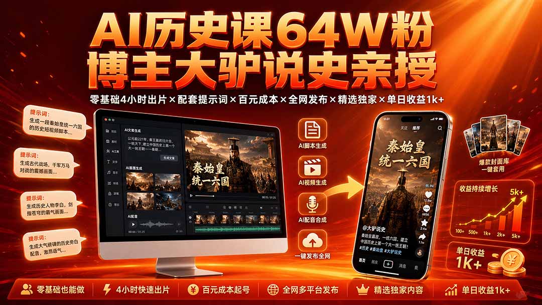 （19557期）AI历史课64W粉博主大驴说史亲授：零基础4小时出片&times;配套提示词&times;百元成本&times;全网发布&times;精选独家&times;单日收益1k+