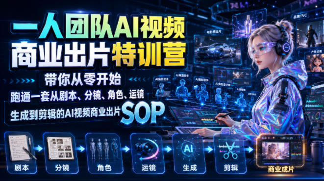 一人团队AI视频商业出片实战课：带你从零开始跑通一套从剧本、分镜、角色、运镜、生成到剪辑的AI视频商业出片SOP
