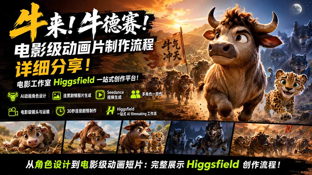 （19987期）牛来！牛德赛！电影级动画片制作流程详细分享！电影工作室Higgsfield一站式创作平台！
