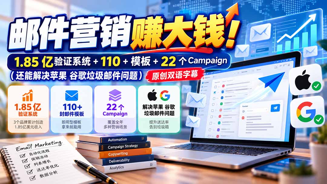 （20984期）邮件营销赚大钱！1.85亿验证系统+110+模板+22个Campaign（还能解决苹果 谷歌垃圾邮件问题）【原创双语字幕】