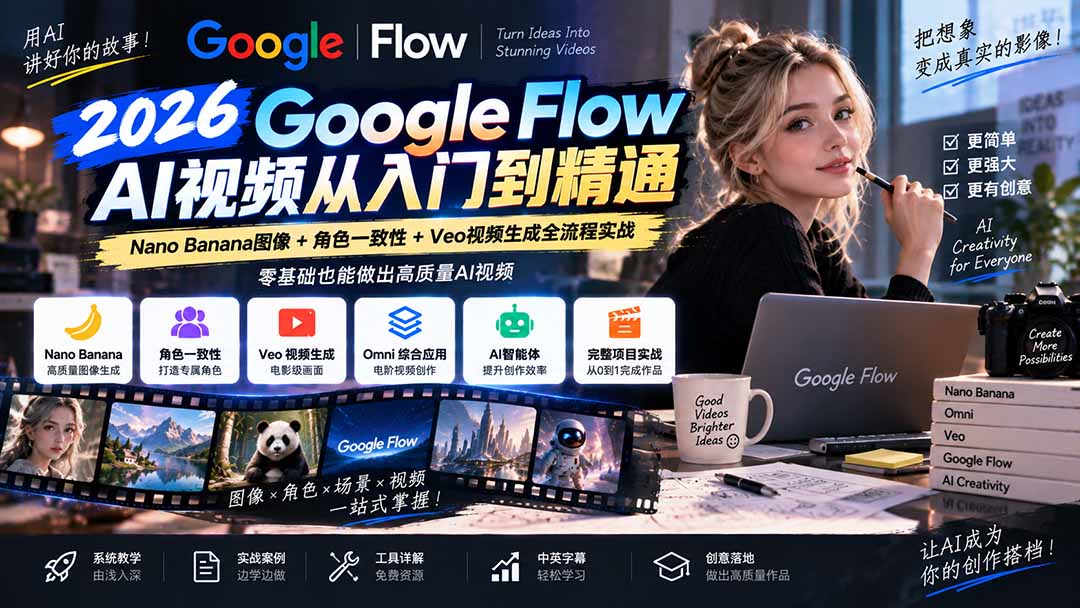 （20609期）【无水印】Google Flow AI视频从入门到精通：Nano Banana图像+角色一致性+Veo视频生成全流程实战-精翻中英字幕