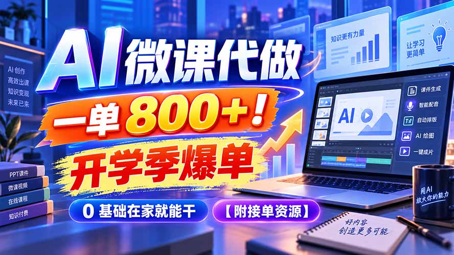 （20605期）AI 微课代做，一单 800+！开学季爆单，0 基础在家就能干【附接单资源】