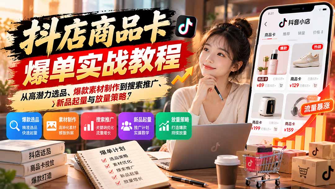 （21148期）抖店商品卡爆单实战教程：从高潜力选品、爆款素材制作到搜索推广、新品起量与放量策略