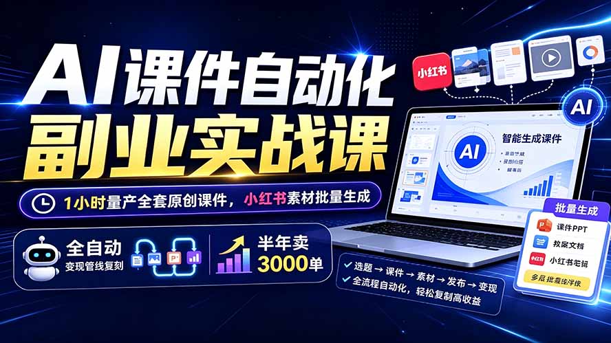 （19518期）AI课件自动化副业实战课：1小时量产全套原创课件&times;小红书素材批量生成&times;全自动变现管线&times;半年卖3000单