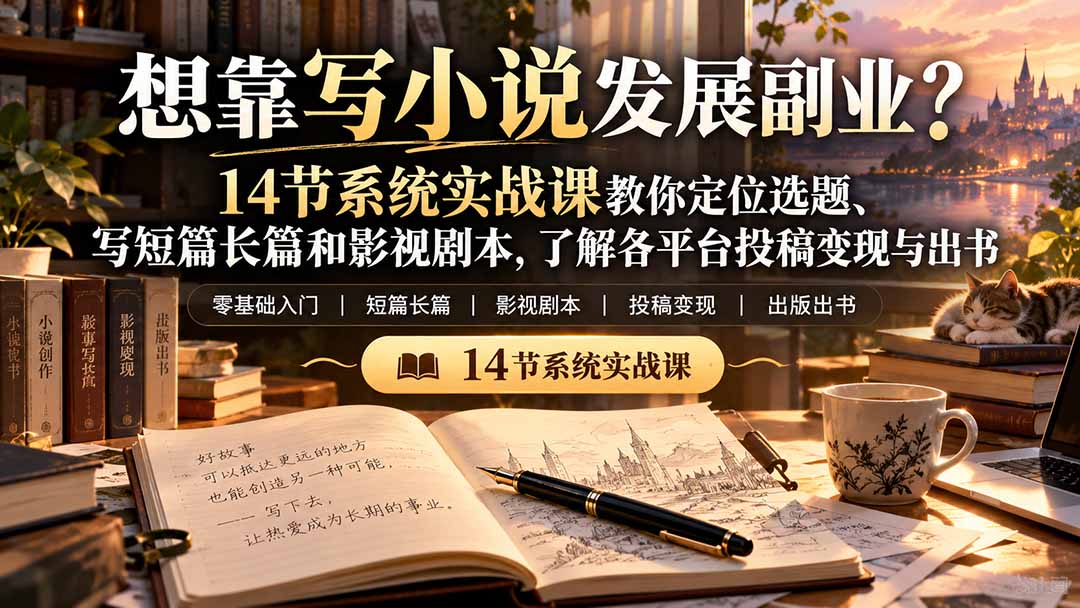（21031期）【无水印】想靠写小说发展副业？14节系统实战课教你定位选题、写短篇长篇和影视剧本，了解各平台投稿变现与出书