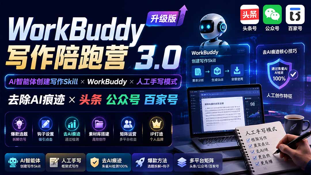 （19920期）WorkBuddy写作陪跑营3.0-更新：Ai智能体创建写作Skill&times;WorkBuddy&times;人工手写模式&times;去除AI痕迹&times;头条公众号百家号