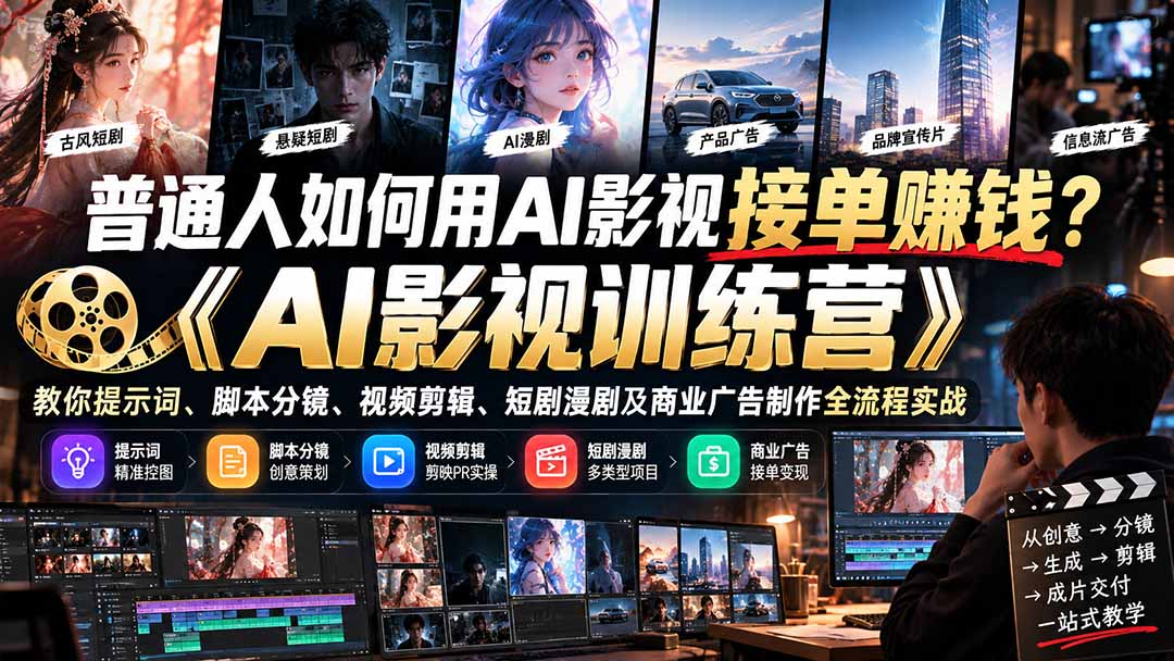 （21230期）普通人如何用AI影视接单赚钱？《AI影视训练营》教你提示词、脚本分镜、视频剪辑、短剧漫剧及商业广告制作全流程实战