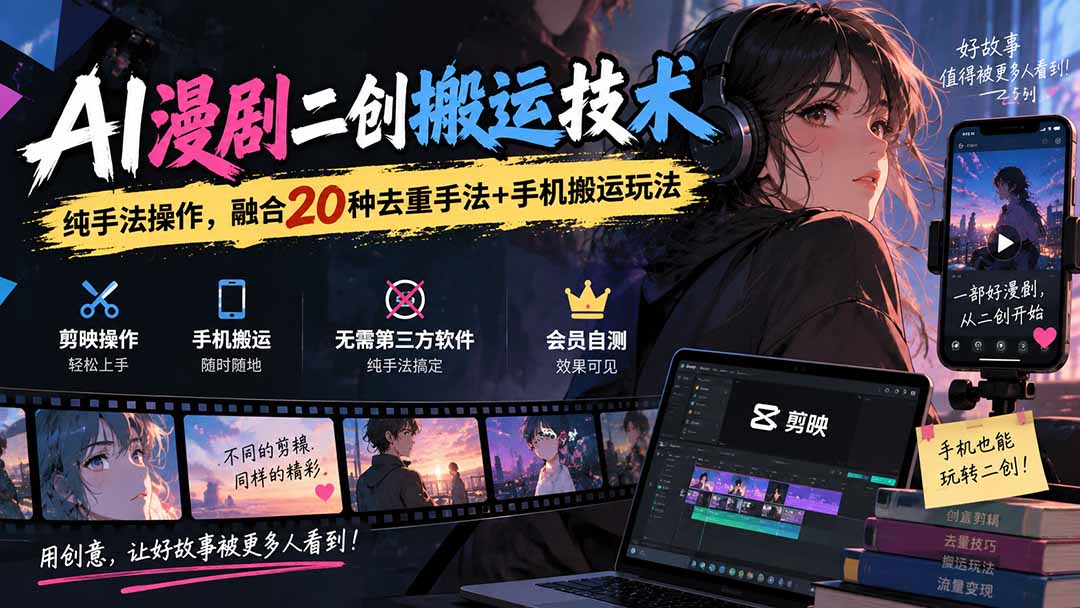 （20551期）AI漫剧二创搬运技术，纯手法操作，融合20种去重手法+手机搬运玩法