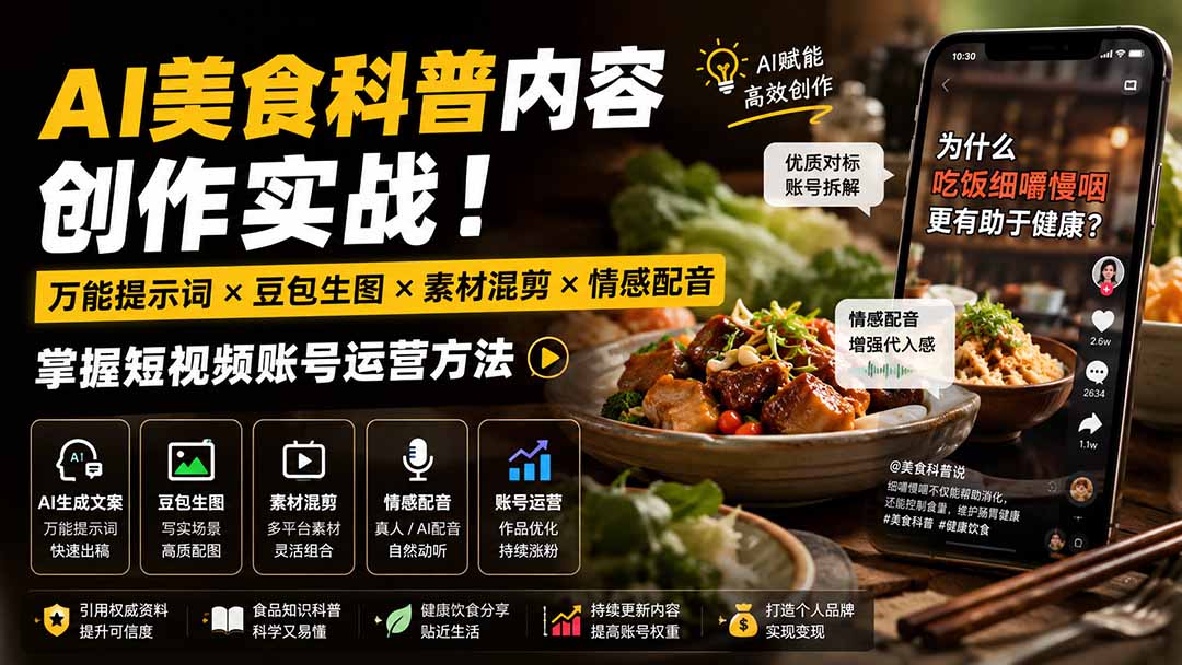 （19730期）外面卖199元-AI美食科普内容创作实战！万能提示词&times;豆包生图&times;素材混剪&times;情感配音，掌握短视频账号运营方法