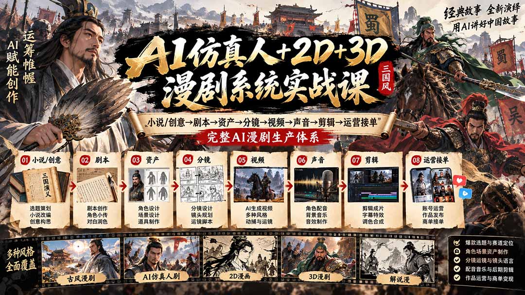 （20685期）AI仿真人+2D+3D漫剧系统实战课：小说/创意&rarr;剧本&rarr;资产&rarr;分镜&rarr;视频&rarr;声音&rarr;剪辑&rarr;运营接单，完整AI漫剧生产体系