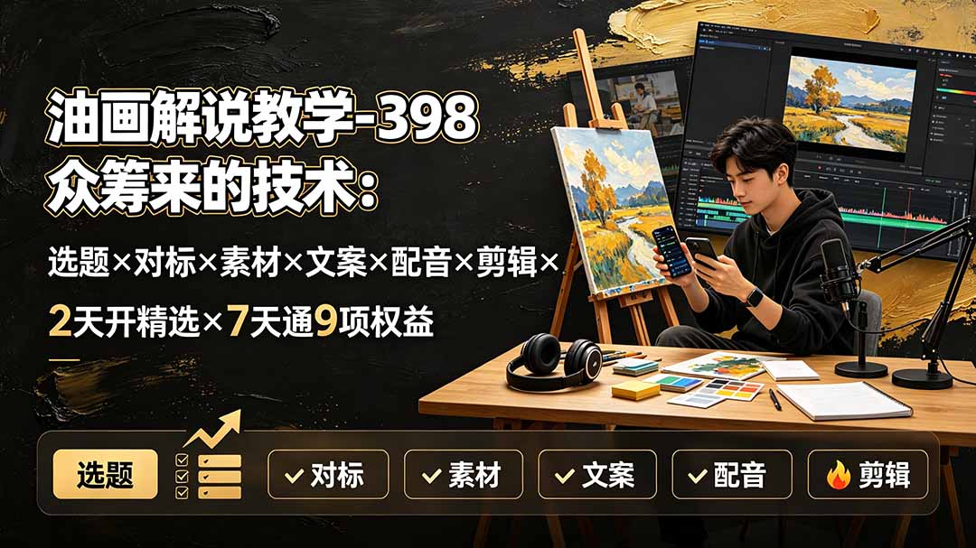 （19527期）油画解说教学-398众筹来的技术：选题&times;对标&times;素材&times;文案&times;配音&times;剪辑&times;2天开精选&times;7天通9项权益