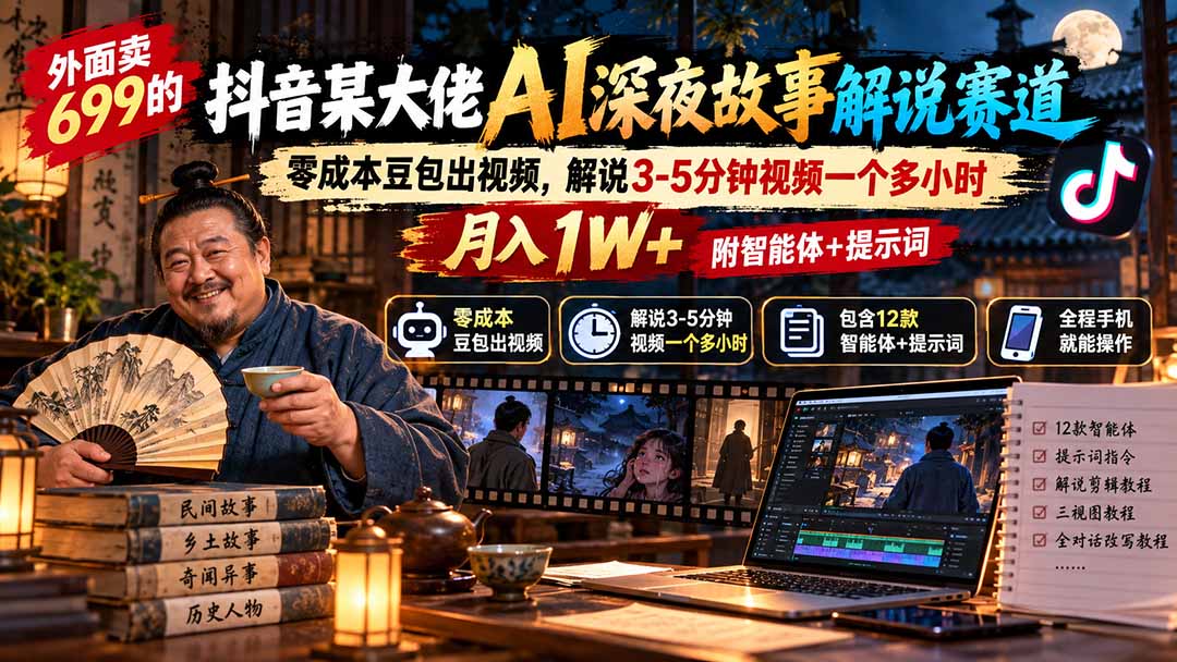 （20853期）外面卖699抖音某大佬AI深夜故事解说赛道-更新：0成本豆包出视频+解说3-5分钟视频一个多小时，月入1W+附智能体+提示词