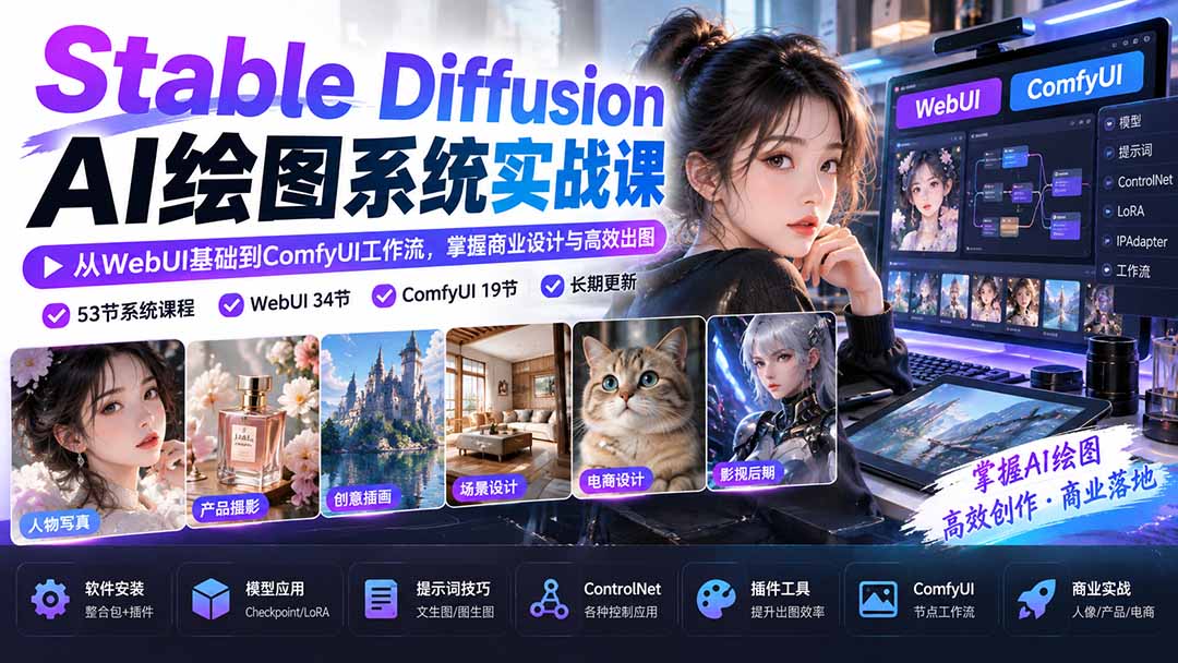 （20678期）【无水印】Stable Diffusion AI绘图系统实战课：从WebUI基础到ComfyUI工作流，掌握商业设计与高效出图