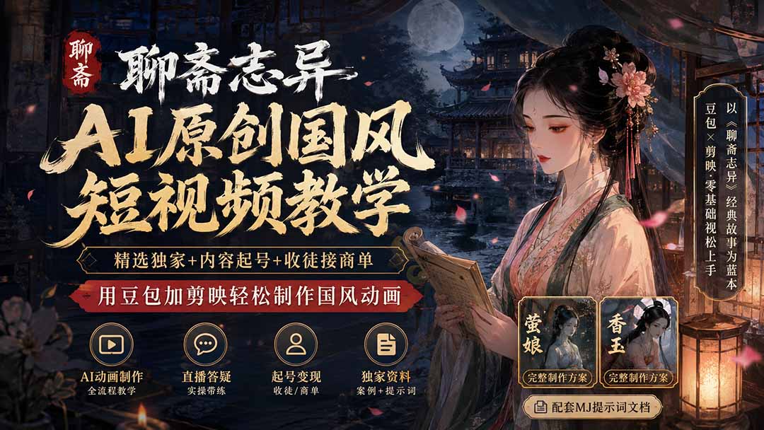 （19954期）聊斋志异AI原创国风短视频教学-更新；精选独家+内容起号+收徒接商单，用豆包加剪映轻松制作国风动画