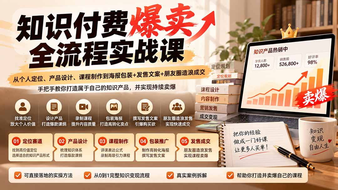 （20787期）【无水印】知识付费爆卖全流程实战课：从个人定位、产品设计、课程制作到海报包装+发售文案+朋友圈造浪成交