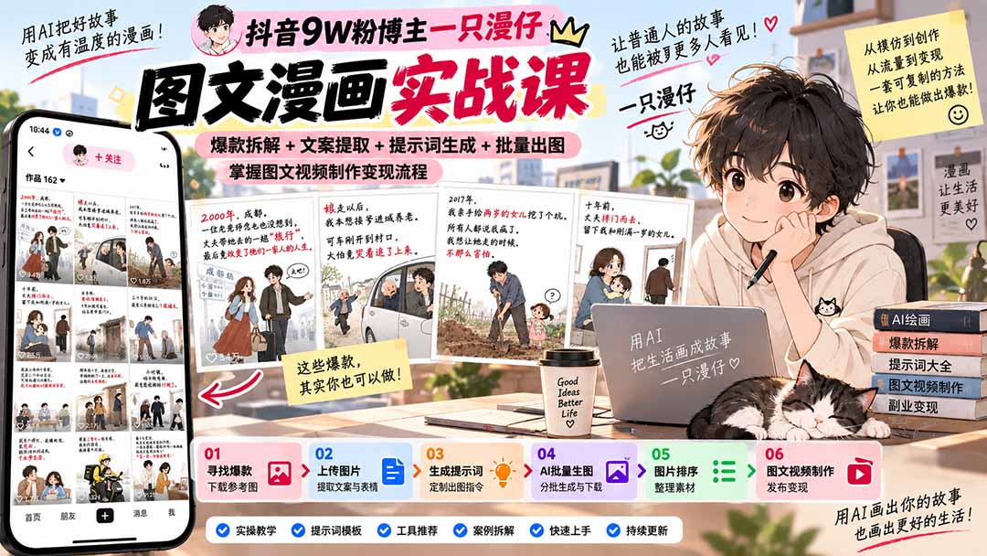 （20584期）抖音9W粉博主一只漫仔图文漫画课：爆款拆解+文案提取+提示词生成+批量出图，掌握图文视频制作变现流程