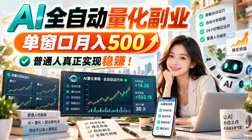 （20735期）AI全自动量化副业，单窗口月入500，普通人真正实现稳赚！