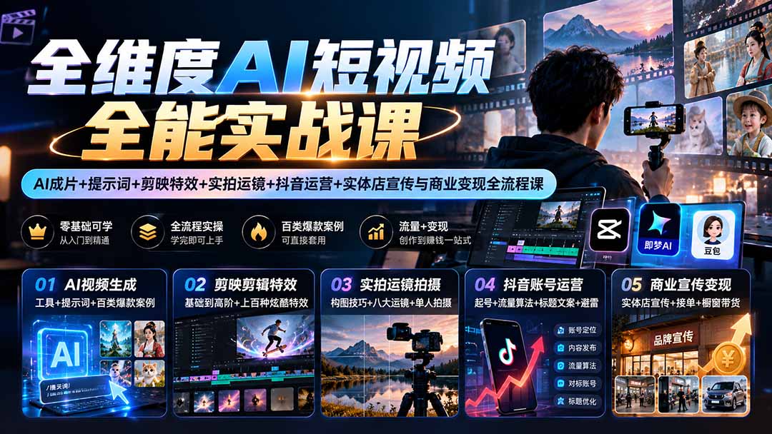 （20768期）【无水印】全维度AI短视频全能实战课：AI成片+提示词+剪映特效+实拍运镜+抖音运营+实体店宣传与商业变现全流程课