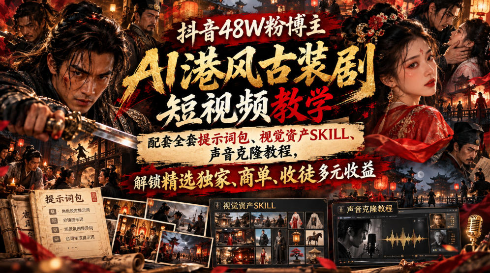 抖音48W粉博主AI港风邵氏古装剧短视频教学，配套全套提示词包、视觉资产SKILL、声音克隆教程，解锁精选独家、商单、收徒多元收益