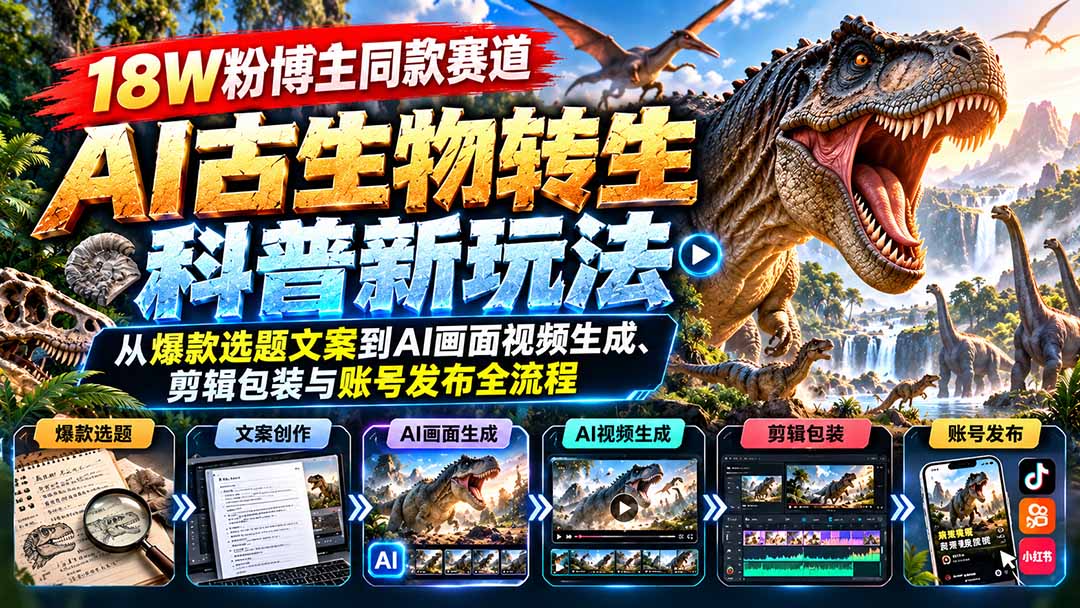 （20833期）18W粉博主同款赛道-AI古生物转生科普新玩法：从爆款选题文案到AI画面视频生成、剪辑包装与账号发布全流程