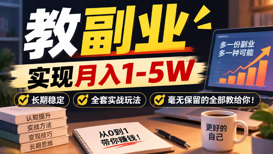 &ldquo;教副业&rdquo;实现月入1-5W，长期稳定，全套实战玩法毫无保留的全部教给你！【揭秘】
